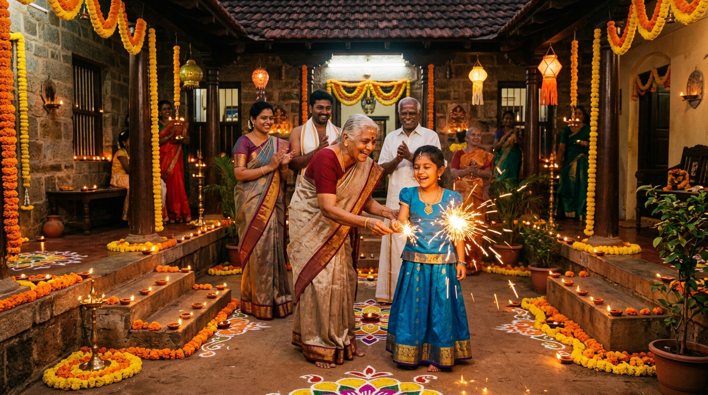 Traditional Indian Family Celebrating Diwali in Courtyard with Mathura Crackers Sparklers