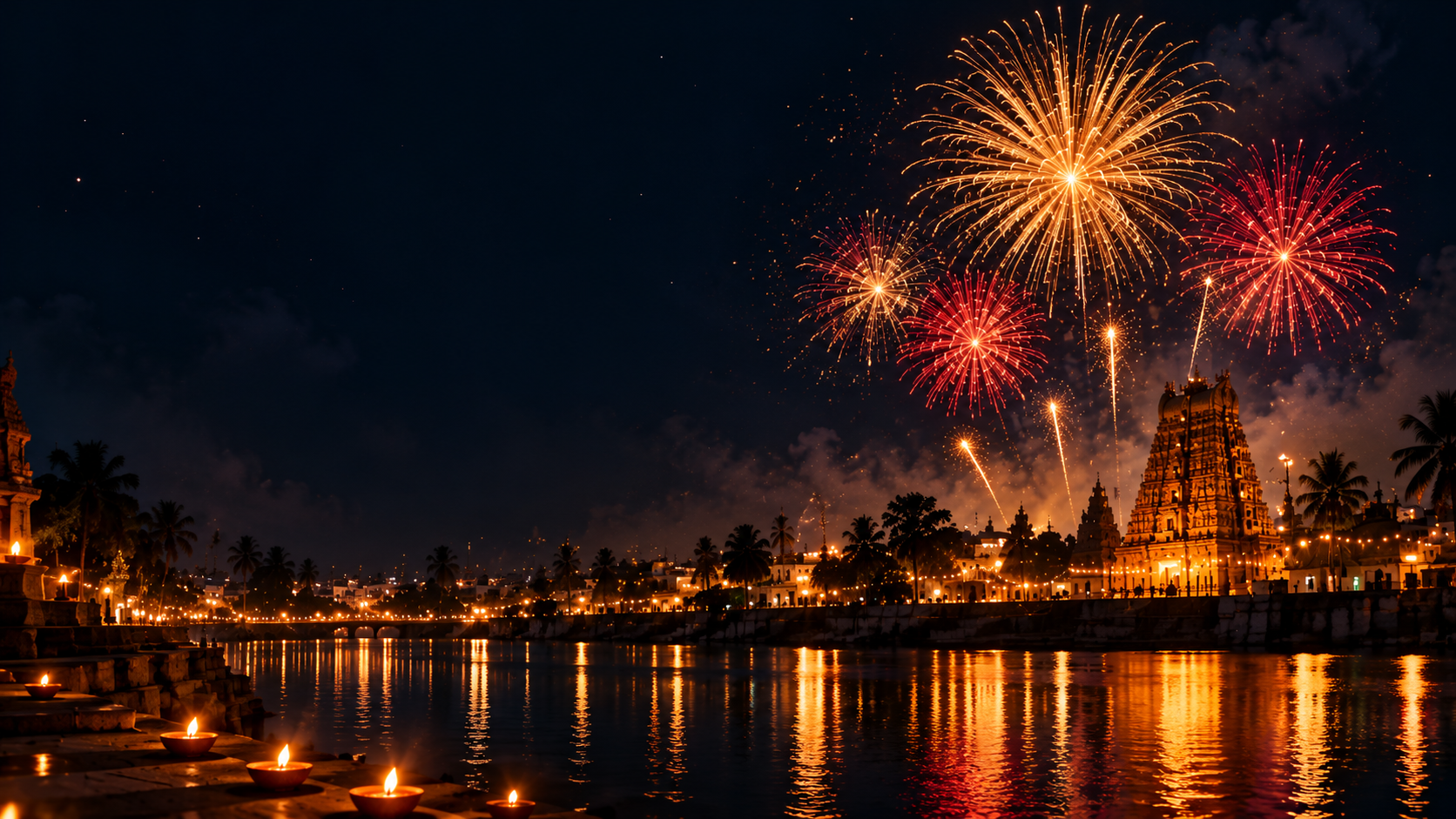 Golden Fireworks Over Temple Waters — Sivakasi Pyrotechnics by Mathura Crackers